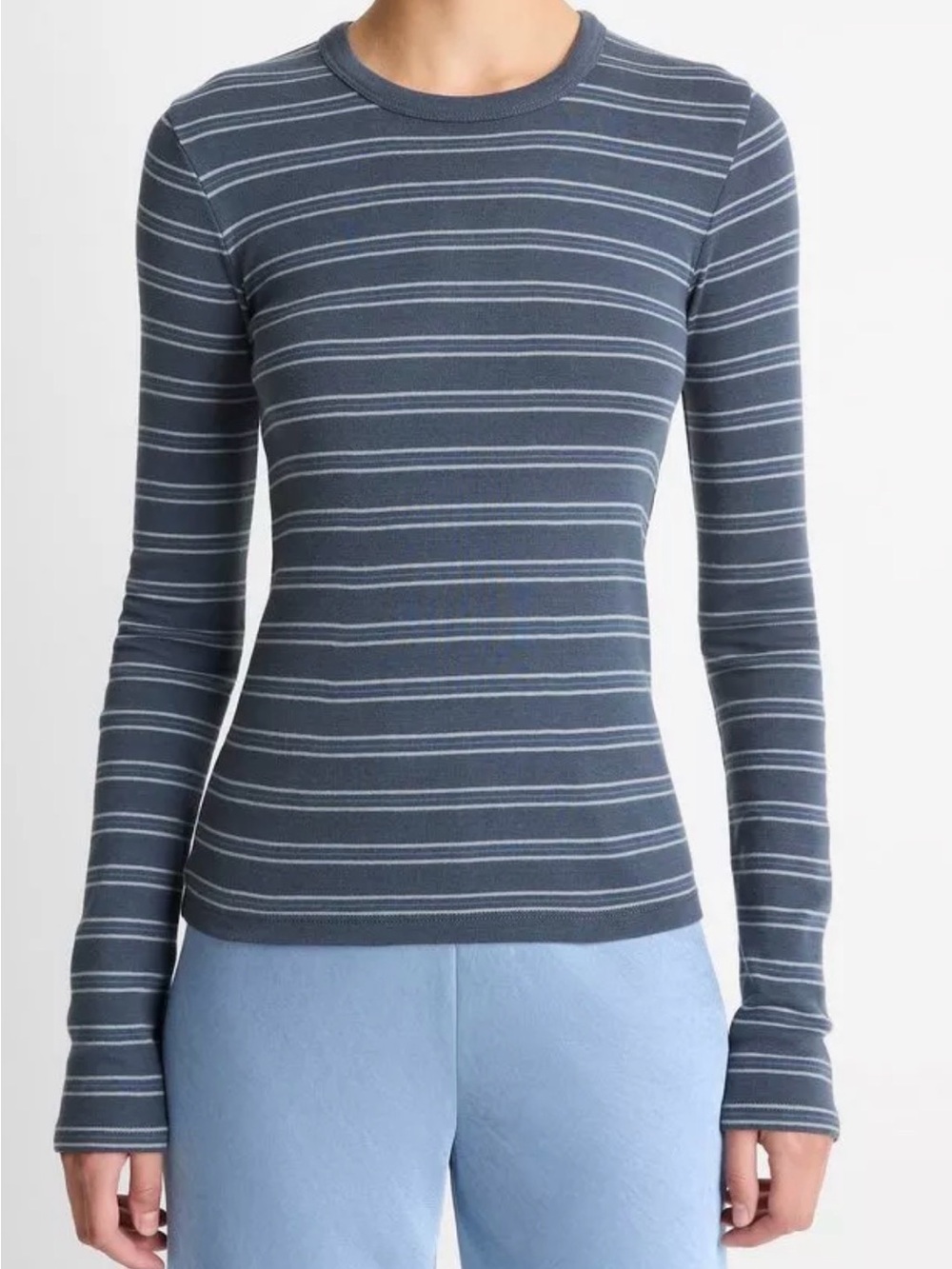 Vince Striped Pima Cotton-Blend Long-Sleeve T-Shirt Slate Blue Long-Sleeves